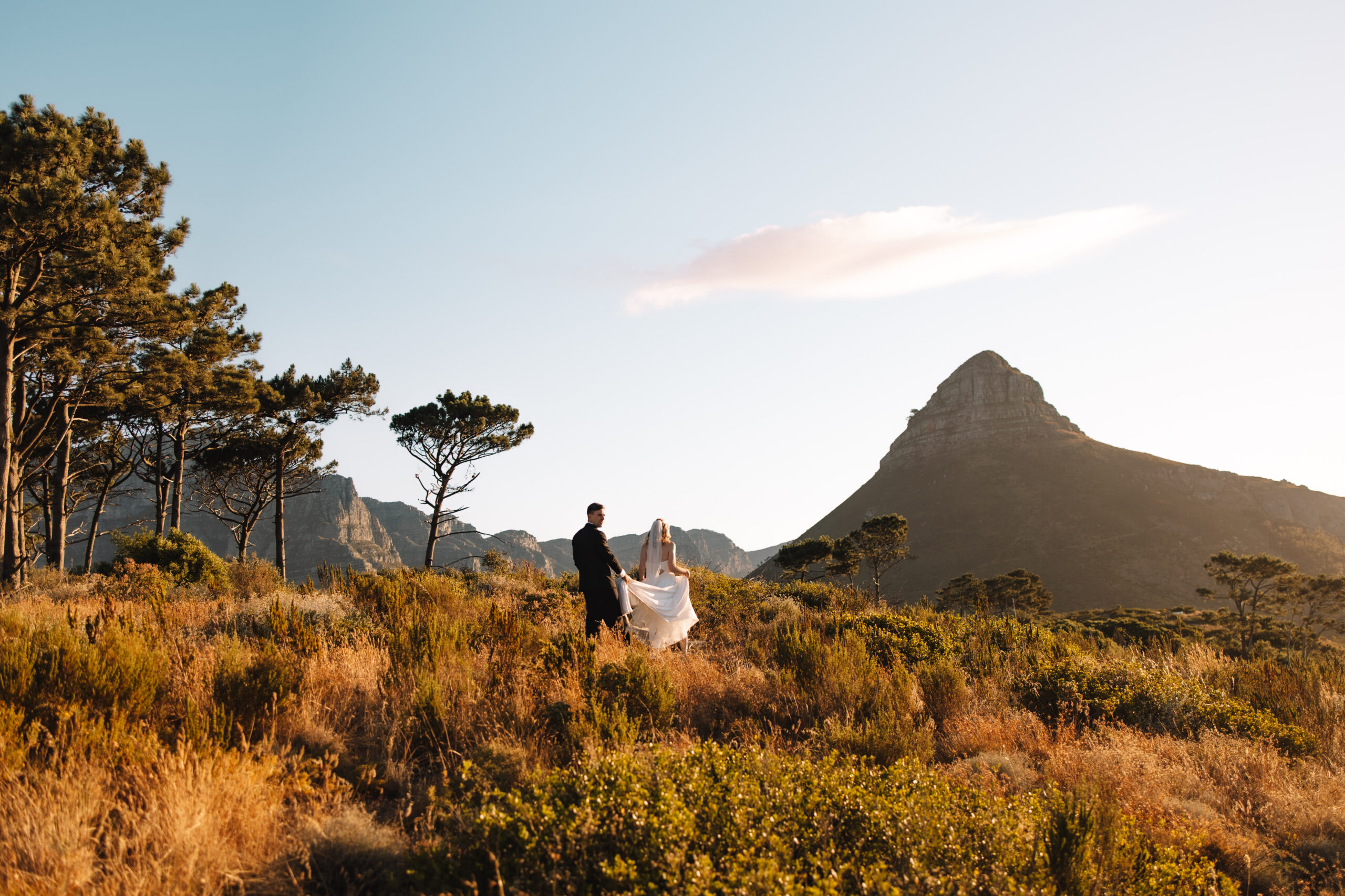 A wedding couple walking on top of a hill overlooking Lion's head in South Africa