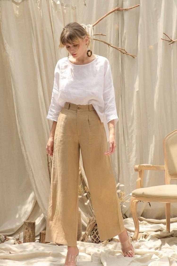 Flowy, neutral pants and shirt for women. Neutral engagement outfit