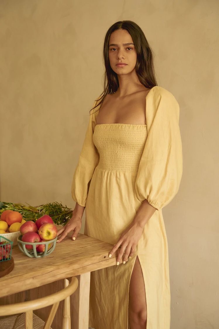 Beautiful lemon yellow, linen dress for an engagement outfit for women