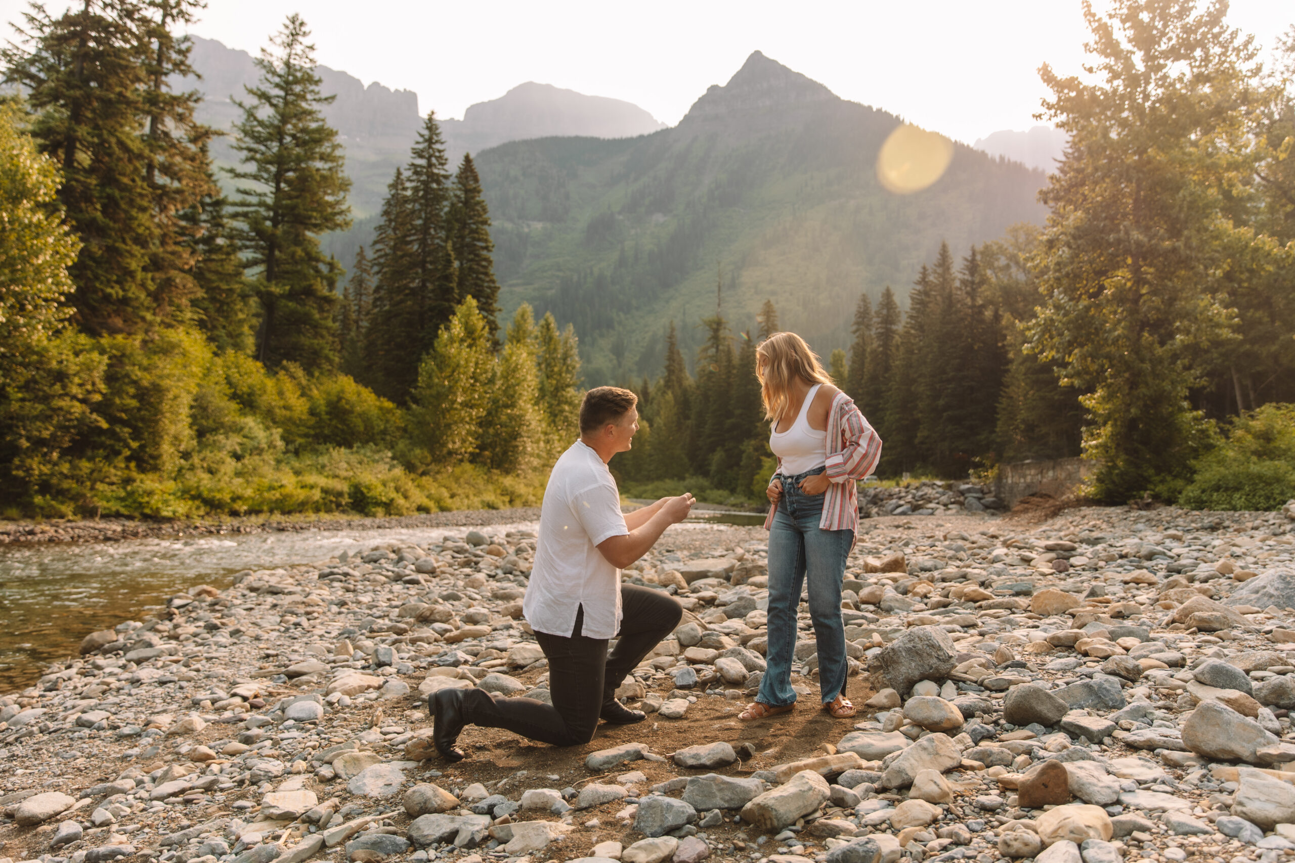 Surprise Proposal In Glacier national park in Montana next to the river