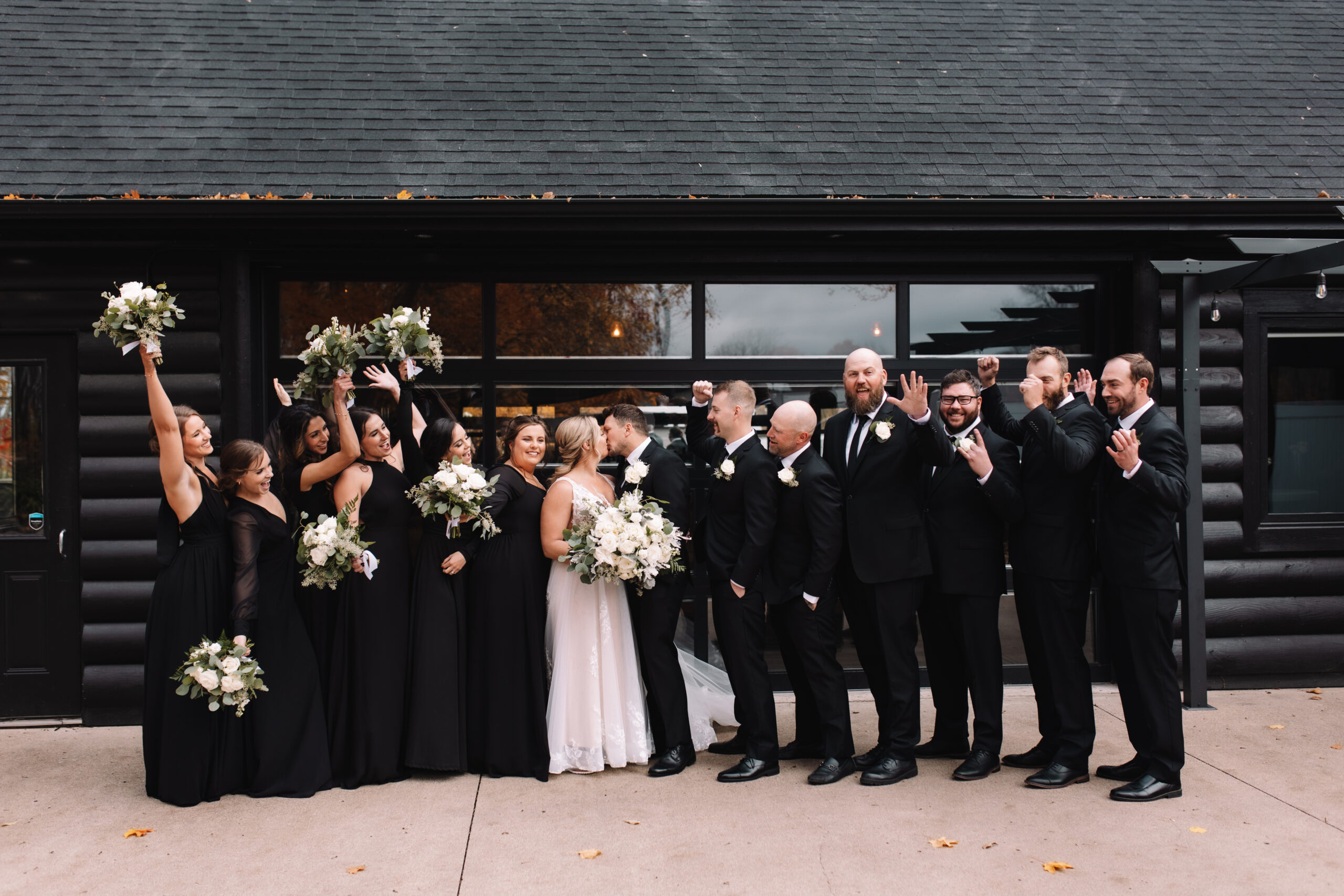 Wedding Party in Black and White at the Ahavah Cottage Wedding Venue in Minnesota