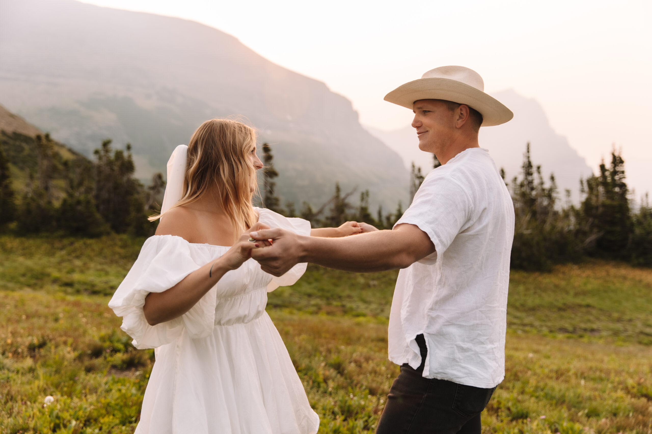 Short, flowing, light-wearing elopement dress in Glacier National Park