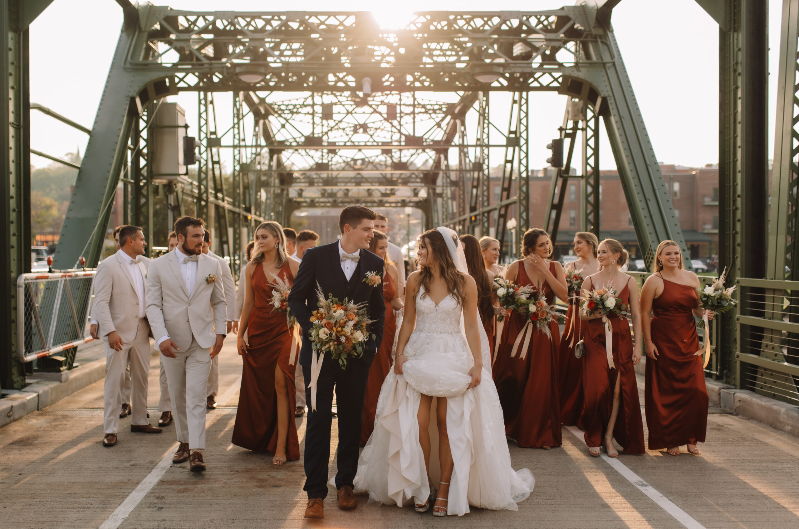 Wedding Party Fun group photos on the Stillwater bridge in Minnesota