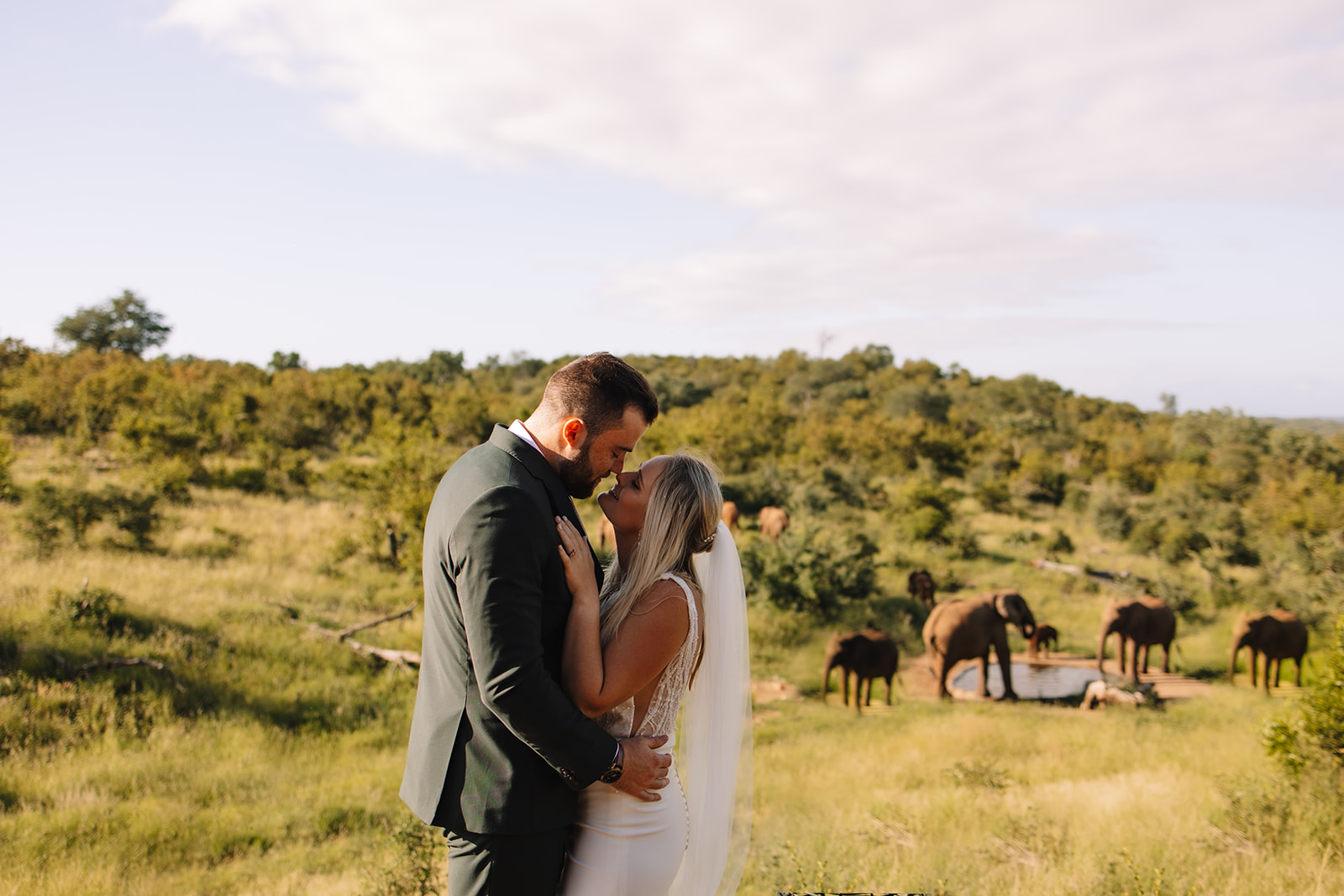 A bride and groom kiss outdoors at sunset, standing on a grass field with a river and trees in the background. The bride wears a white dress, and the groom wears a black suit and hat in south africa
