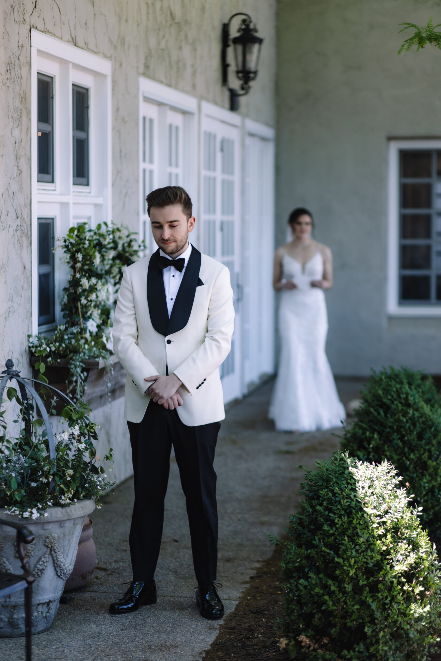 Bride and groom first look at Edward Anne Estate Wedding Venue