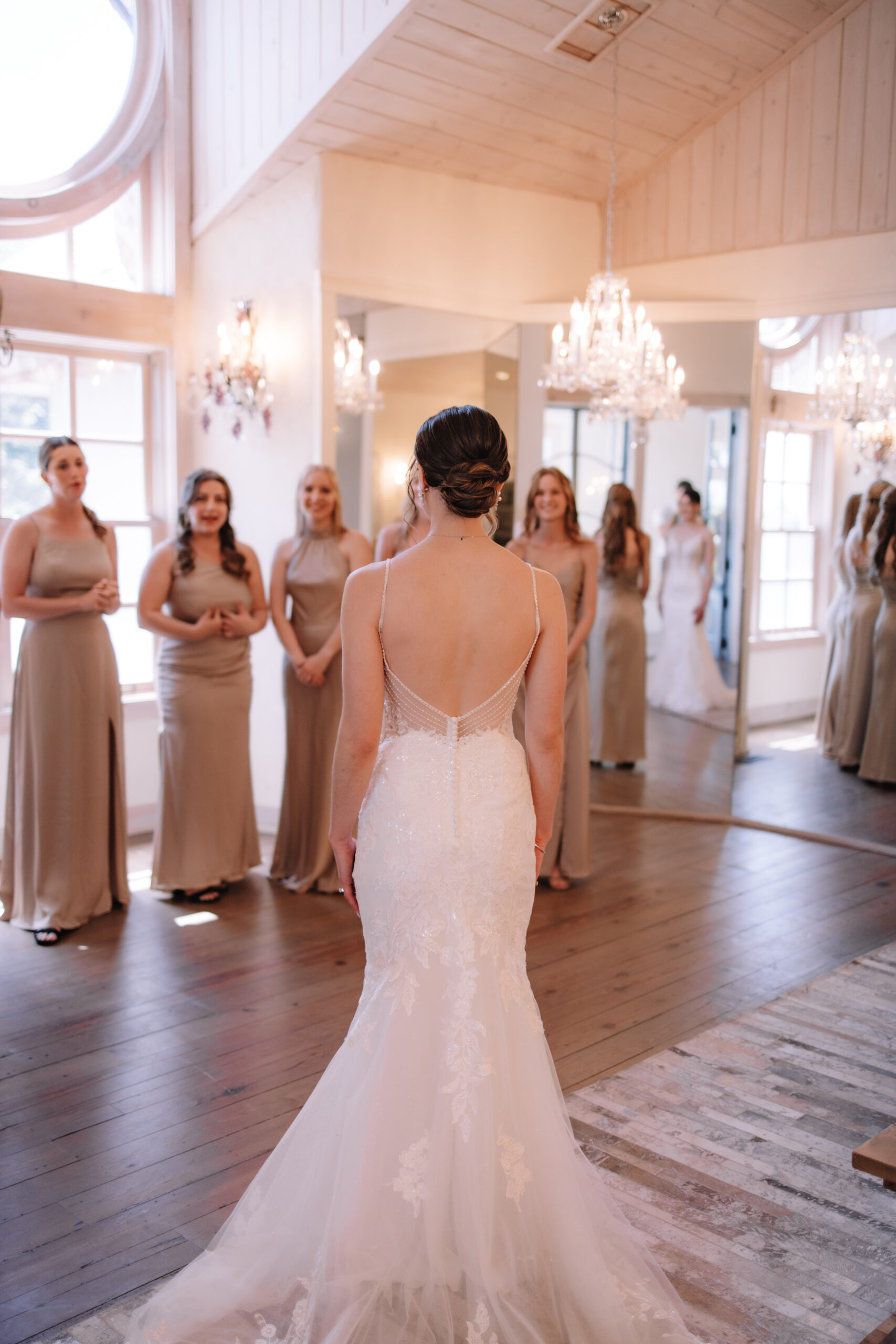 Bride and bridesmaids first look at Edward Anne Estate wedding venue