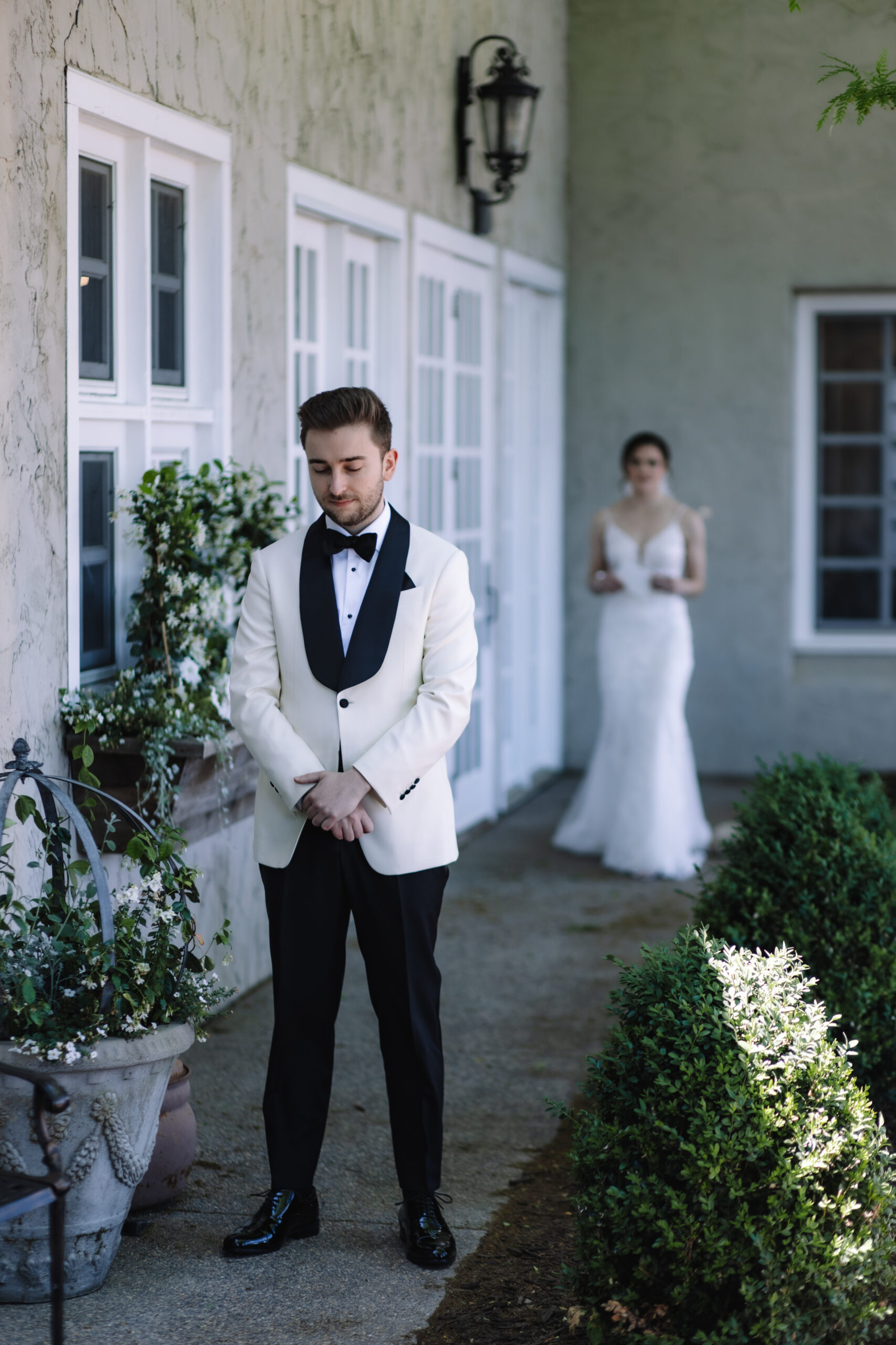 Bride and groom first look at Edward Anne Estate Wedding Venue