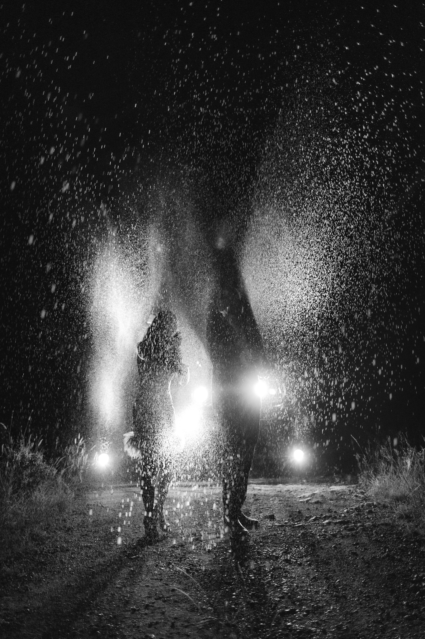 Elopement couple spraying champagne in front of the car's headlights creating the light to reflect off of the champagne droplets 