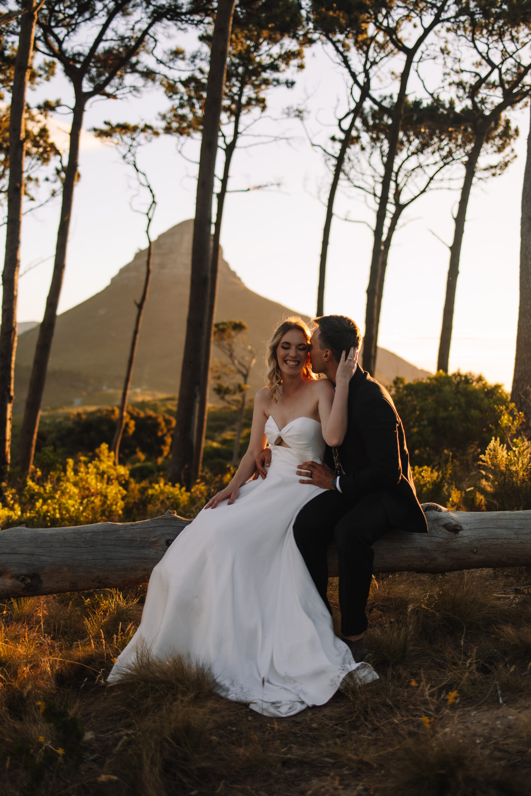 Bride in a white strapless wedding dress and groom sitting on a tree in South Africa