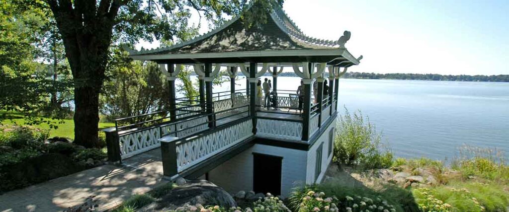 A scenic purgula overlooking Lake Minnetonka at the Noerenberg Gardens in Wayzata - Perfect for an affordable wedding venue option