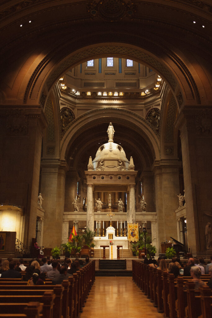 The beautiful, long aisle inside the Basilica of St. Mary Church in Minneapolis
