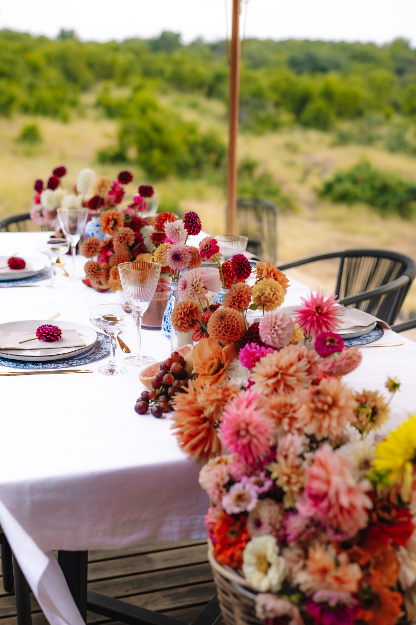 Beautiful, bright and colorful safari elopement table set up