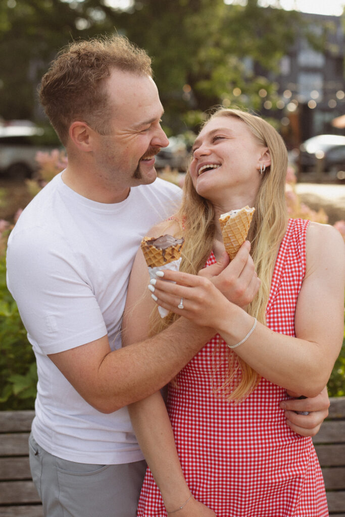 Engagement couple in Excelsior sharing an ice cream together