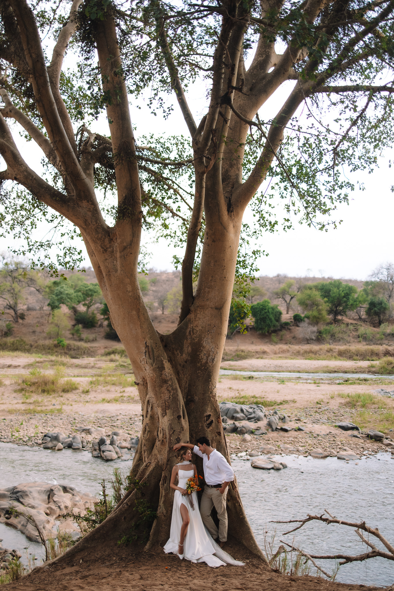 Bride and groom standing in front of a beautiful baobab tree down by the river during their safari elopement sunset portraits