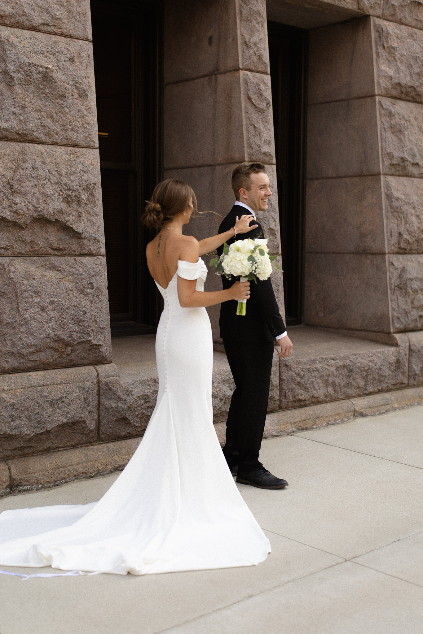 Bride and Groom first look during their Minneapolis City Hall elopement