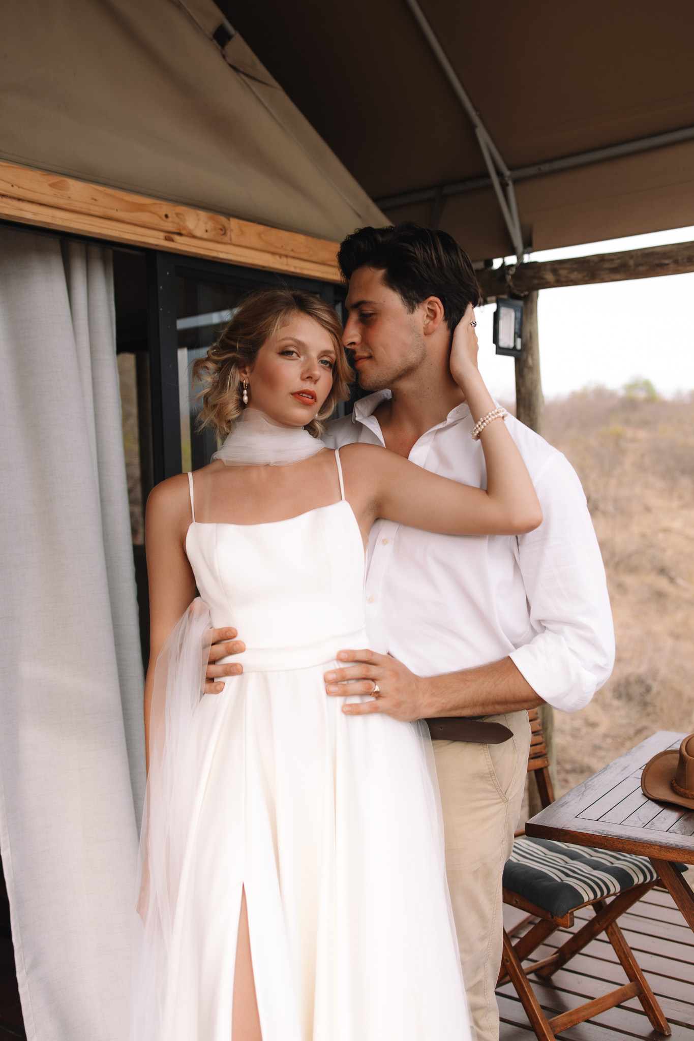 Bride and Groom getting ready together before their intimate safari wedding