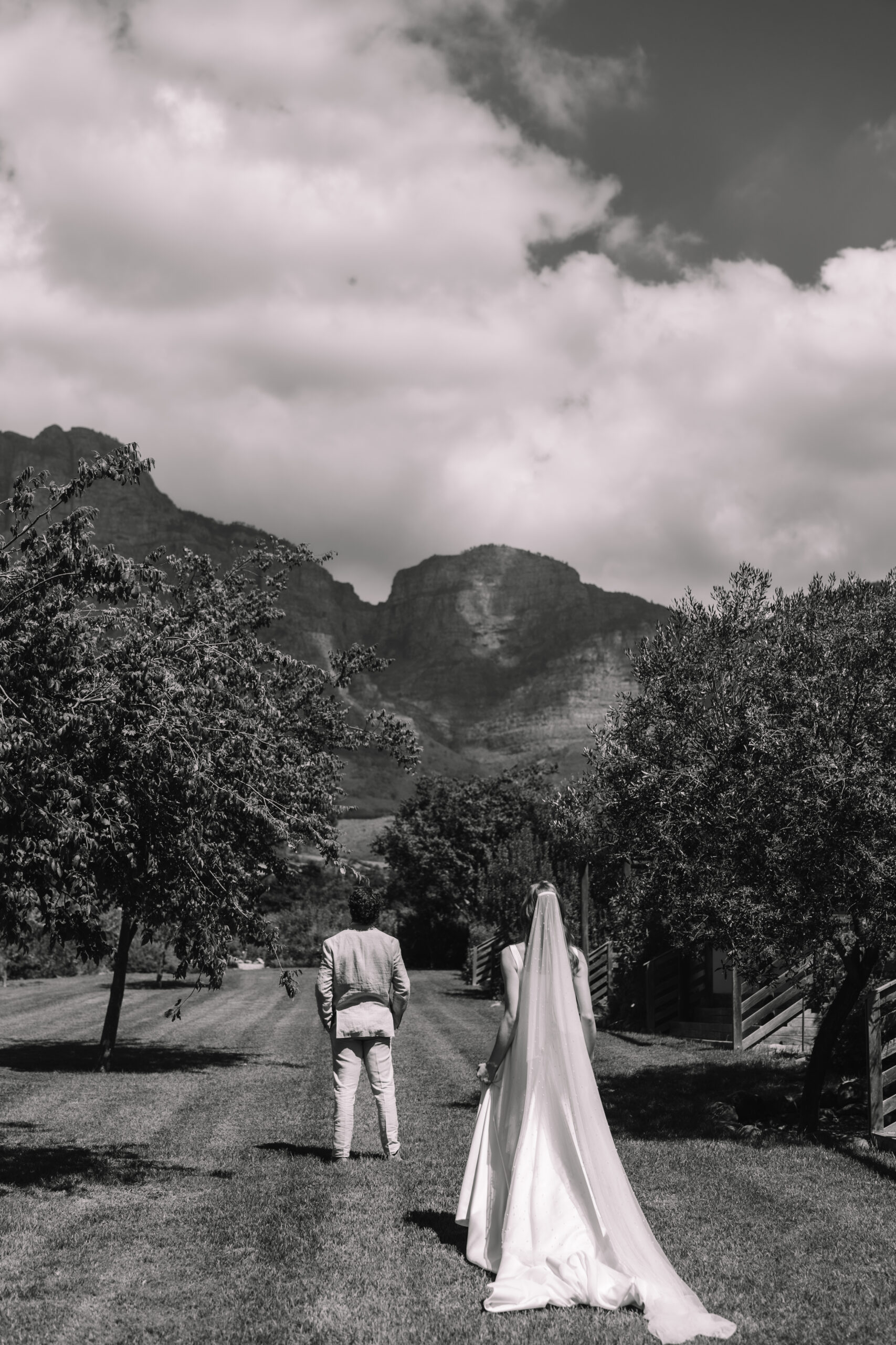 Black and white image of a bride and groom walking hand in hand through vineyard grounds, with mountains rising in the distance.