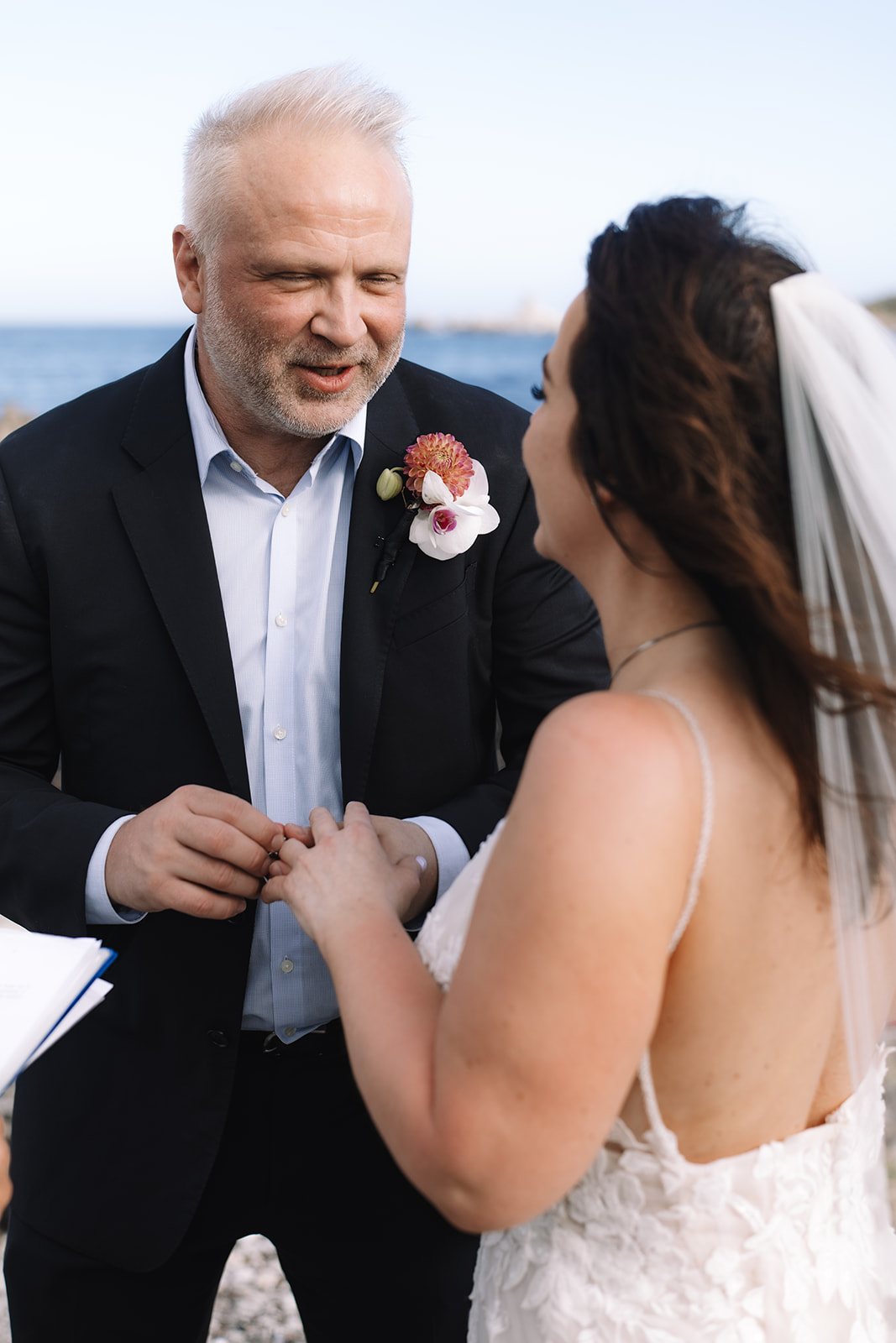 Ring exchange during a stony point nature reserve wedding at golden hour