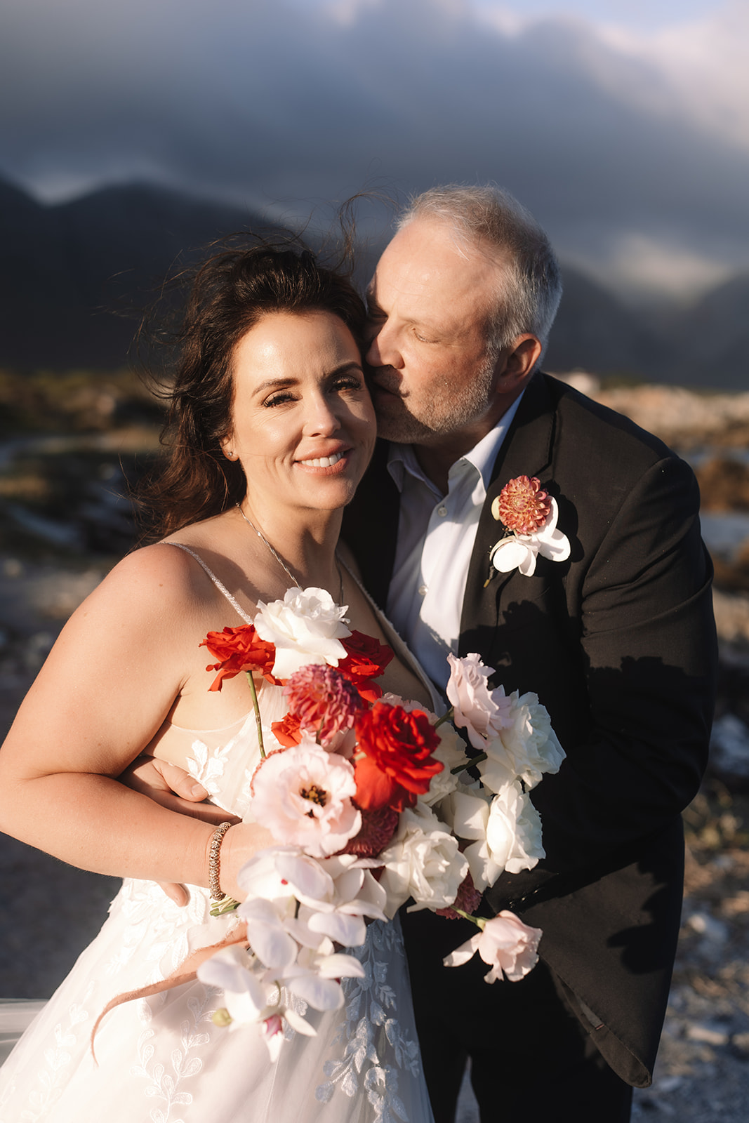 Romantic mountain portrait during a stony point nature reserve wedding at sunset