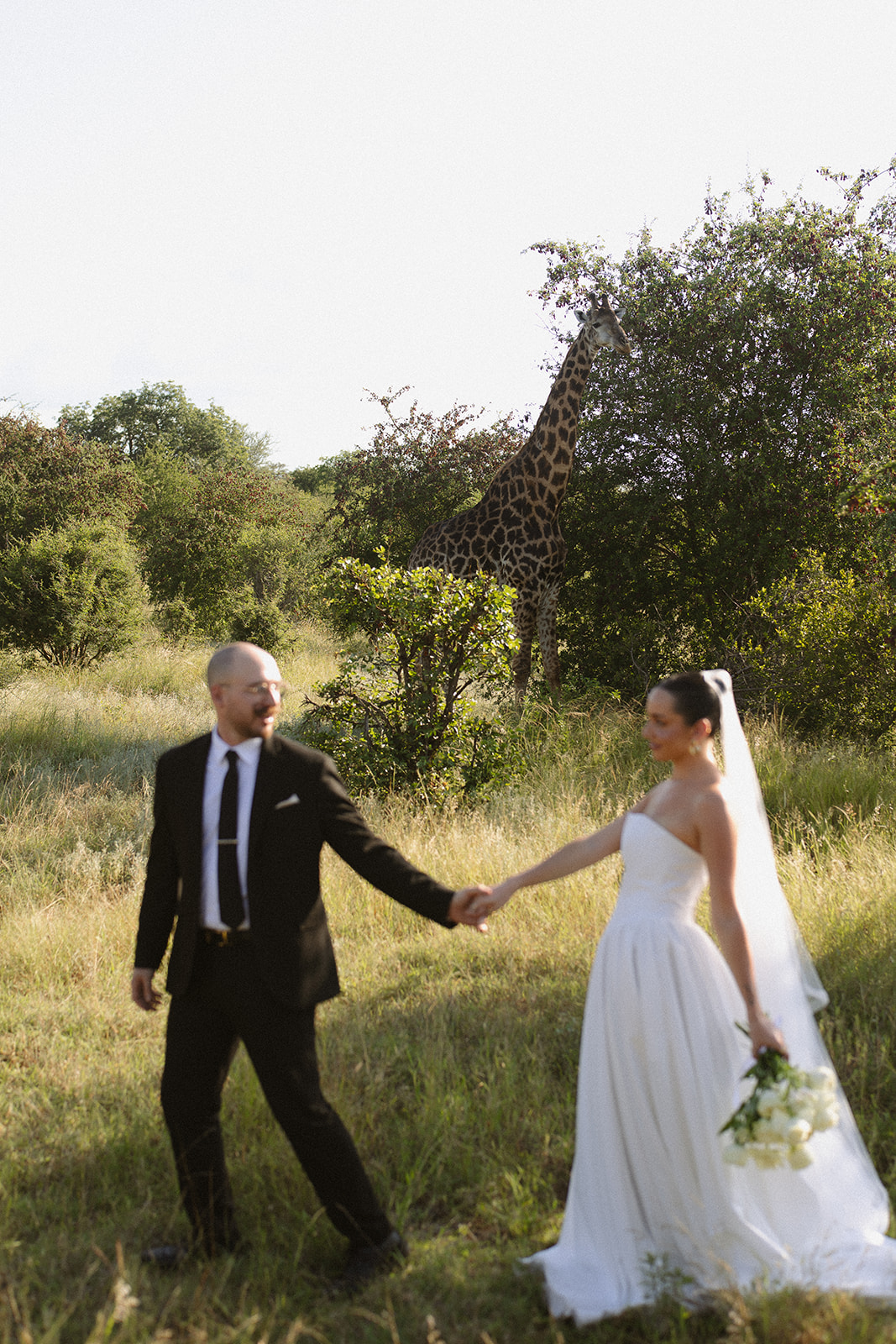 Bride and groom holding hands with giraffe in background during safari elopement portraits
